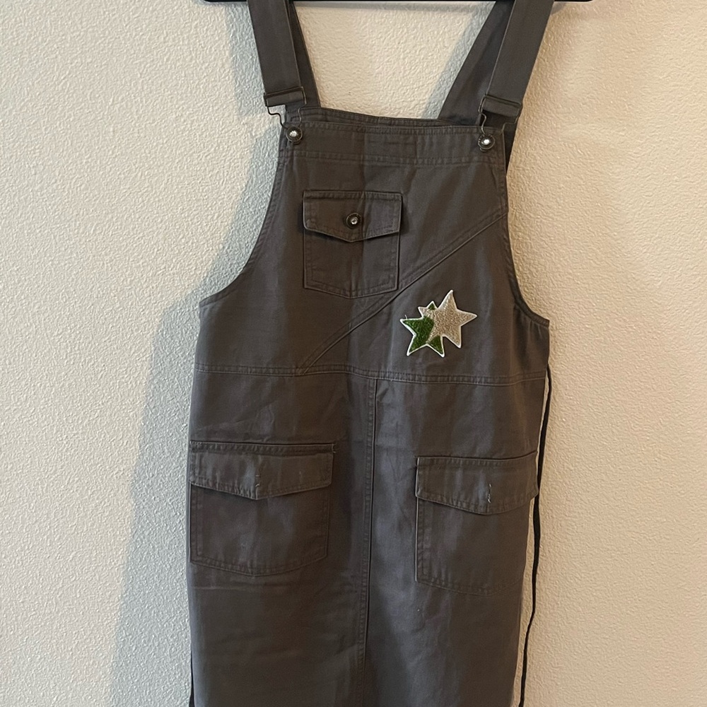 Annabelle Charcoal Overall Dress with Pocket Detail Star Patch Details